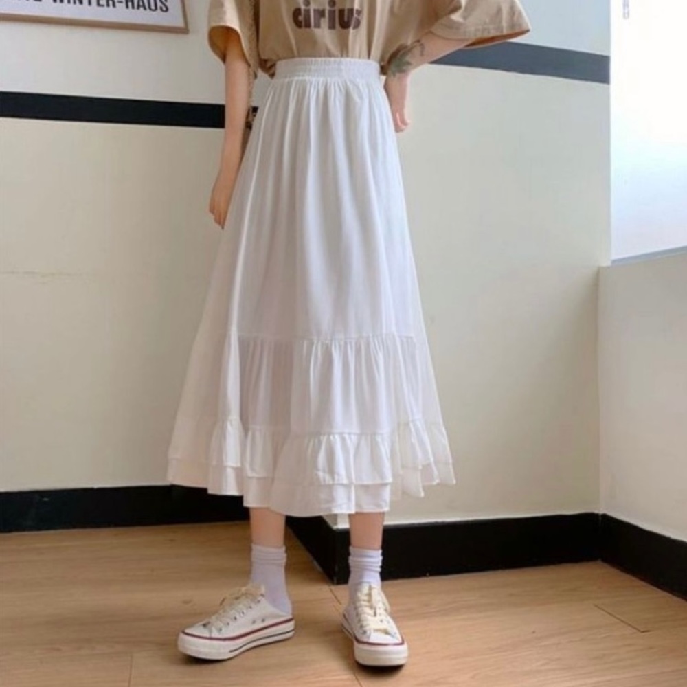 Tiered Midi A-Line White Skirt